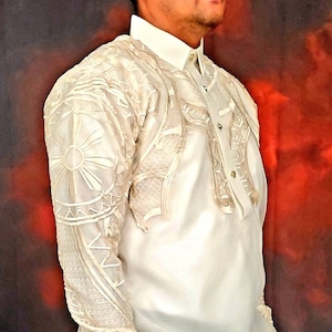 Barong Tagalog TRIBAL style with Inner Lining Filipino National Costume Filipiniana Lumban Laguna Philippines -Beige