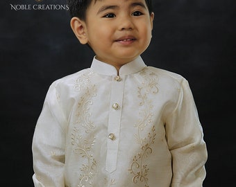 BARONG TAGALOG with Inner Lining Philippine National Costume FILIPINIANA Formal Dress For Kids - Beige - NCVON1