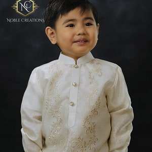 BARONG TAGALOG with Inner Lining Philippine National Costume FILIPINIANA Formal Dress For Kids Beige NCVON1 image 1