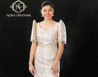 FILIPINIANA DRESS Embroidered and Beaded MESTIZA Maria Clara Baro at Saya Philippine National Costume Barong Tagalog Gown - Beige