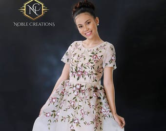 FILIPINIANA Dress Hand Painted Jusi BARONG TAGALOG Philippine National Costume - Floral Beige