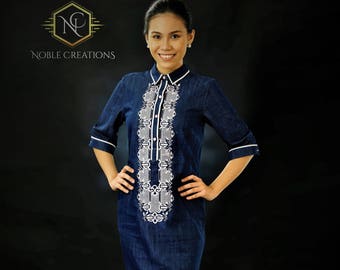 Sale!!!   Modern FILIPINIANA Dress Denim BARONG TAGALOG for her Philippine National Costume - Navy Blue