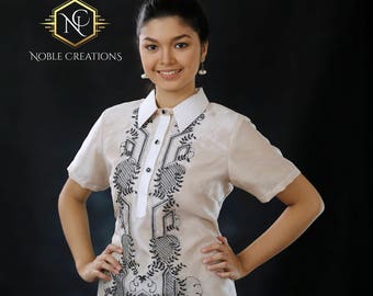 Modern FILIPINIANA Dress Silk BARONG TAGALOG Philippine National Costume - Beige