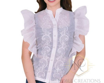 Filipiniana LADIES BARONG TAGALOG Ruffled Sleeves Philippine National Costume For Women - White