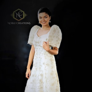 FILIPINIANA DRESS Embroidered Mestiza Gown Filipino Barong Tagalog Pieces Cut Style Beige image 2