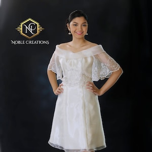 FILIPINIANA Dress BARONG TAGALOG Philippine National Costume Embroidered Silk Organza Beige image 1