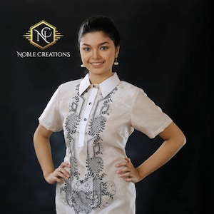 Modern FILIPINIANA Dress Silk BARONG TAGALOG Philippine National Costume - Beige