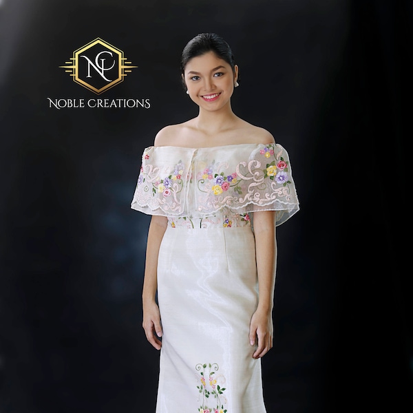 FILIPINIANA Dress Hand-painted and Embroidered "Maria Clara Terno" BARONG TAGALOG Philippine National Costume Gown - Beige
