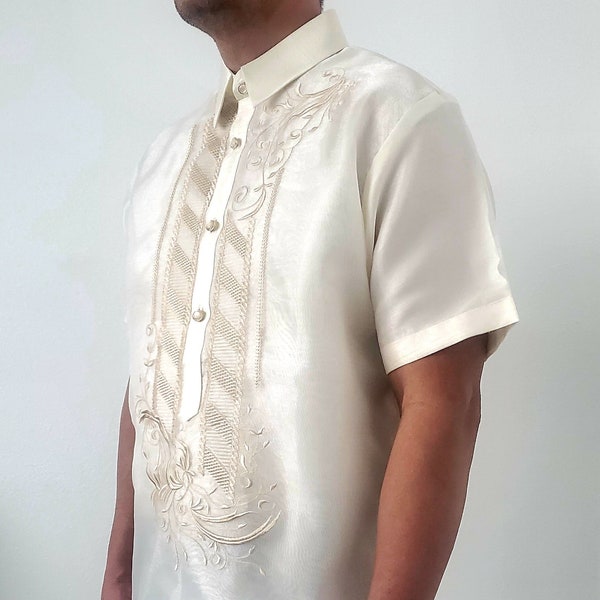 BARONG TAGALOG Short Sleeves Filipino National Costume Filipiniana Formal Dress for Men - Beige on beige NCSSB1