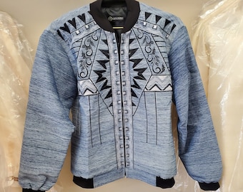 BOMBER BARONG JACKET Filipino National Costume Filipiniana Lumban Laguna Philippines - Blue/Black