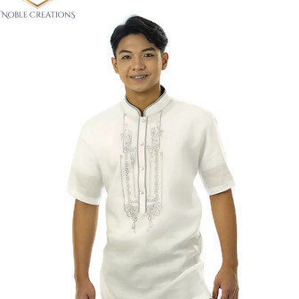 BARONG TAGALOG Linen Gusot Mayaman Filipino National Costume FILIPINIANA Formal Dress for Men - White
