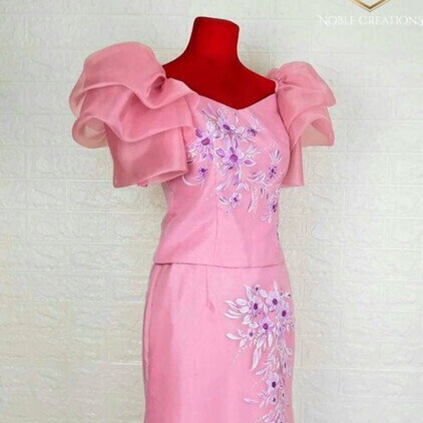 FILIPINIANA DRESS  "MISTY" Handpainted Mestiza Gown Philippine National Costume Maria Clara Baro at Saya Barong Tagalog - Pink