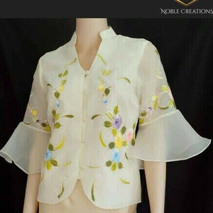 Modern FILIPINIANA HANDPAINTED BLOUSE In Flair Sleeves - Barong Tagalog Blouse Maria Clara Philippine National Costume For Women