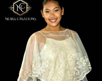 FILIPINIANA PONCHO PANUELO Embroidered Philippine Barong Tagalog Maria Clara Mestiza Design - Beige