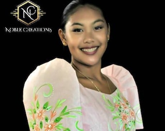 Filipiniana Dress Handpainted Mestiza Gown - Peach