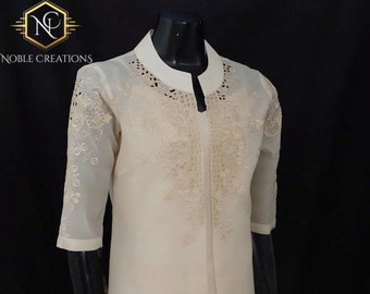 TUNIC BLAZER in COCOON Silk - Embroidered Modern Filipiniana Barong Tagalog Philippine National Costume Filipino Filipina - Beige