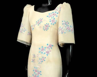 FILIPINIANA Hand-painted BELL SLEEVES Terno Gown Philippine National Costume Maria Clara Barong Tagalog - Beige