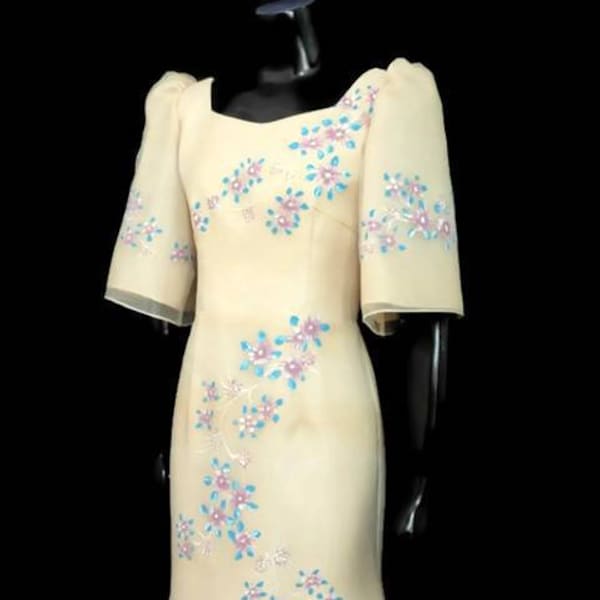 FILIPINIANA Hand-painted BELL SLEEVES Terno Gown Philippine National Costume Maria Clara Barong Tagalog - Beige