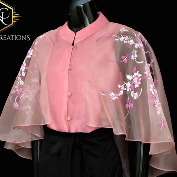 Modern FILIPINIANA Inspired Silk Hand-Painted CAPE BLOUSE Philippine National Costume - Old Rose