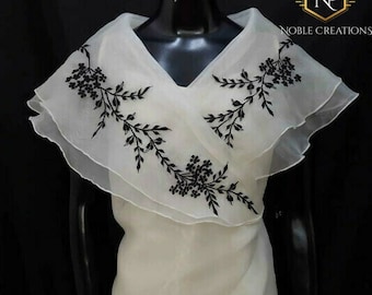 Modern FILIPINIANA  Silk EMBROIDERED WRAP Blouse Barong Tagalog Philippine National Costume Filipino Dress - Beige