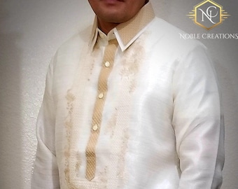 Double Collar BARONG TAGALOG  Filipino National Costume FILIPINIANA Formal Dress For Men made in Lumban Laguna Philippines - Beige