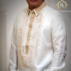 Double Collar BARONG TAGALOG  Filipino National Costume FILIPINIANA Formal Dress For Men made in Lumban Laguna Philippines - Beige
