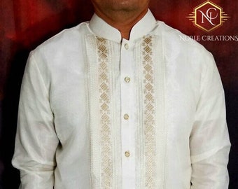 BARONG TAGALOG Chinese Collared Filipino National Costume FILIPINIANA Formal Dress for Men - Beige - NCB3