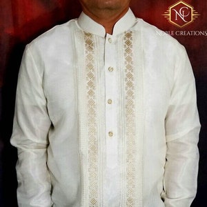 BARONG TAGALOG Chinese Collared Filipino National Costume FILIPINIANA Formal Dress for Men - Beige - NCB3