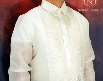 BARONG TAGALOG Piña and Abaca Fiber Blend Fabric Hand and Machine Embroidered Philippine National Costume Filipiniana For Men-Groom