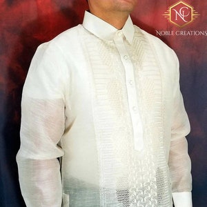 BARONG TAGALOG Piña and Abaca Fiber Blend Fabric Hand and Machine Embroidered Philippine National Costume Filipiniana For Men-Groom