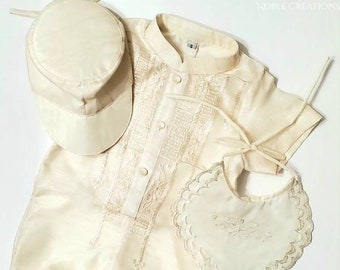 BAPTISMAL BARONG TAGALOG Set for Baby Boys Romper with Inner Lining Philippine National Costume Filipiniana Formal Dress - Beige