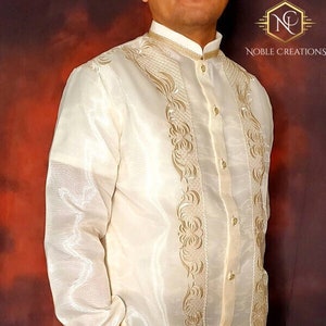 BARONG TAGALOG ARMAN5 Full-Open Chinese Collar with Inner Lining Filipino National Costume Filipiniana Lumban Laguna Philippines - Beige