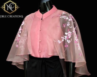 Modern FILIPINIANA Inspired Silk Hand-Painted CAPE BLOUSE Philippine National Costume - Old Rose