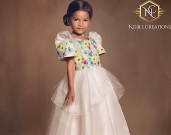 KIDS FILIPINIANA Ball Gown Handpainted Mestiza SantaCruzan Philippine National Costume Maria Clara Baro at Saya Barong Tagalog - White