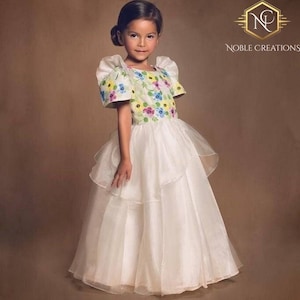 KIDS FILIPINIANA Ball Gown Handpainted Mestiza SantaCruzan Philippine National Costume Maria Clara Baro at Saya Barong Tagalog - White