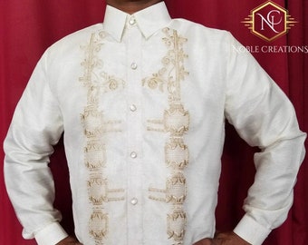 BARONG TAGALOG Full Open Embroidered Filipino National Costume FILIPINIANA Formal Dress for Men - Beige - NCB4