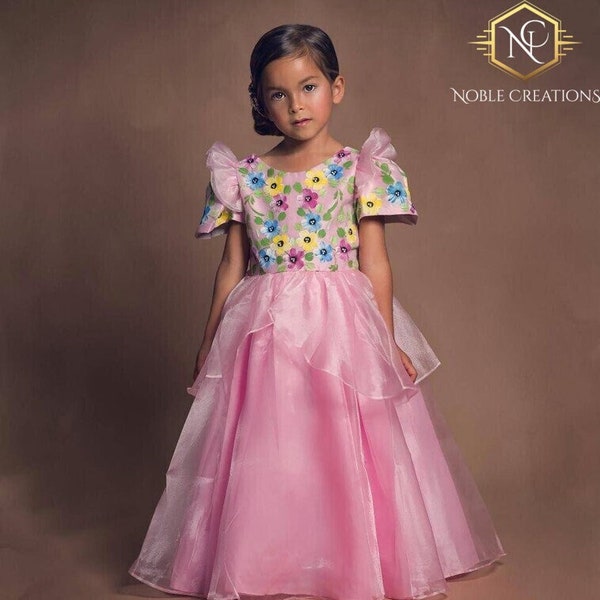 KIDS FILIPINIANA Ball Gown Handpainted Mestiza SantaCruzan Philippine National Costume Maria Clara Baro at Saya Barong Tagalog - Pink