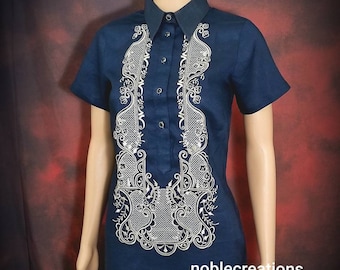 Modern FILIPINIANA Dress Linen BARONG TAGALOG Philippine National Costume - Navy Blue