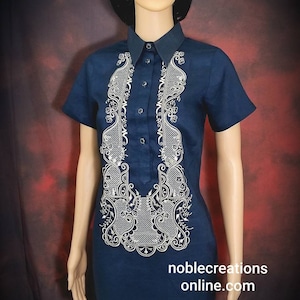 Modern FILIPINIANA Dress Linen BARONG TAGALOG Philippine National Costume - Navy Blue