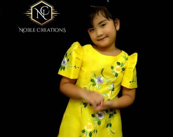 KIDS FILIPINIANA DRESS Handpainted Mestiza Gown SantaCruzan Philippine National Costume Maria Clara Baro at Saya Barong Tagalog - Yellow