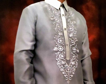 BARONG TAGALOG Gray Embroidered with Inner Lining Filipino National Costume FILIPINIANA  Made in Lumban Laguna Philippines - NCG2