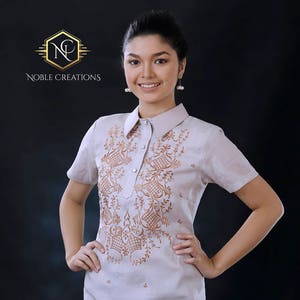 Modern FILIPINIANA Dress Linen BARONG TAGALOG Philippine National Costume - Mocha