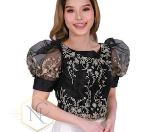 FILIPINIANA EMBROIDERED Cropped KIMONA with Puff Sleeves -  Maria Clara Philippine National Costume For Women - Black