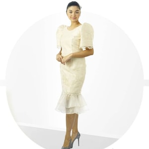 FILIPINIANA DRESS Embroidered Ruffled Hem Knee Length Dress Philippine National Costume Maria Clara Baro at Saya Filipino - Beige