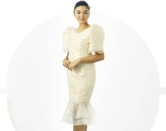 FILIPINIANA DRESS Embroidered Ruffled Hem Knee Length Dress Philippine National Costume Maria Clara Baro at Saya Filipino - Beige