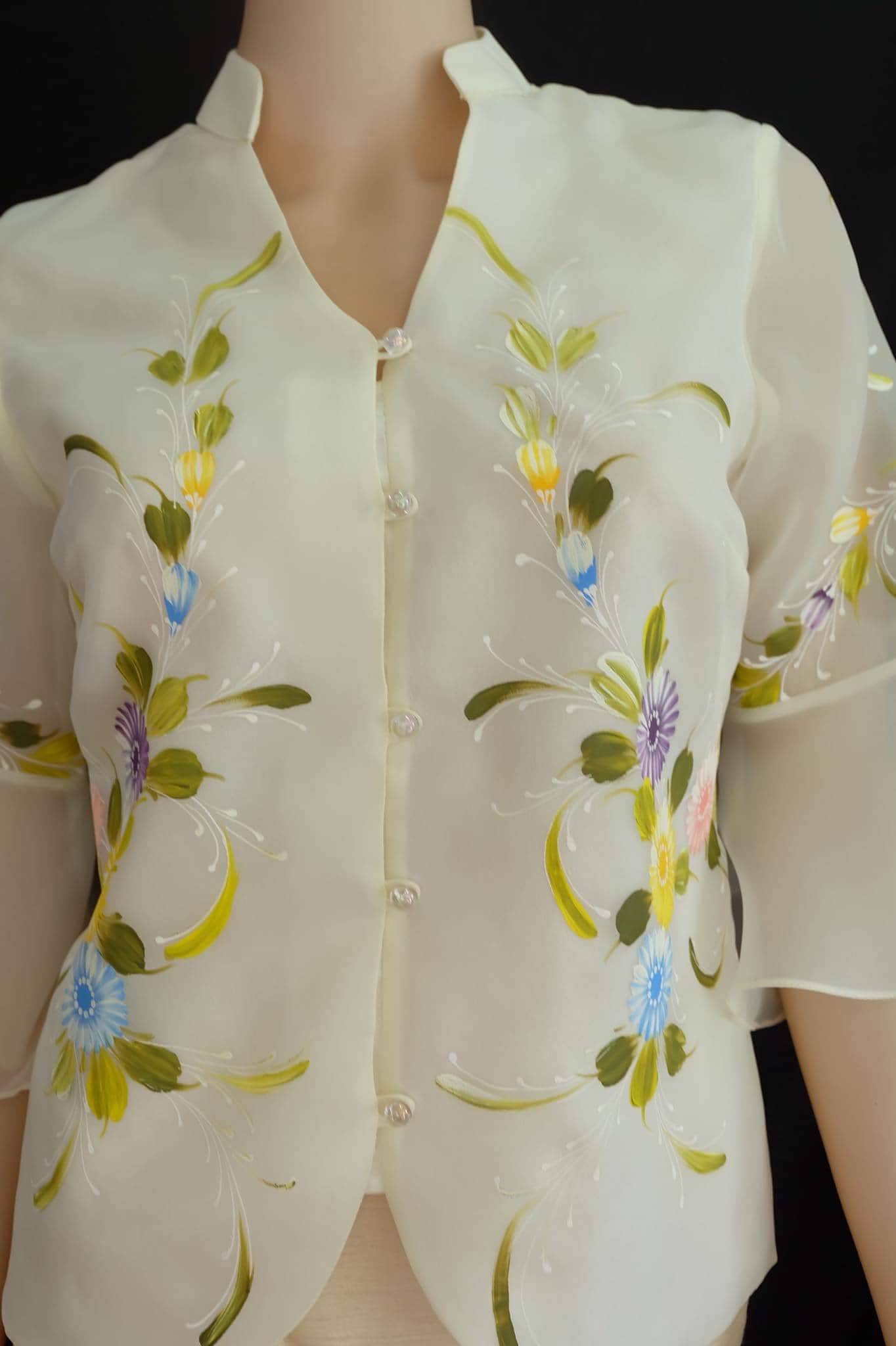 Modern FILIPINIANA HANDPAINTED BLOUSE In Flair Sleeves - Barong Tagalog Blouse Maria Clara