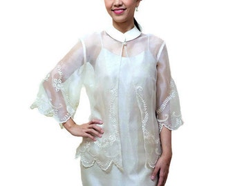 Modern FILIPINIANA  Silk EMBROIDERED BLAZER/ Blouse Barong Tagalog Philippine National Costume Filipino Clothing - Beige