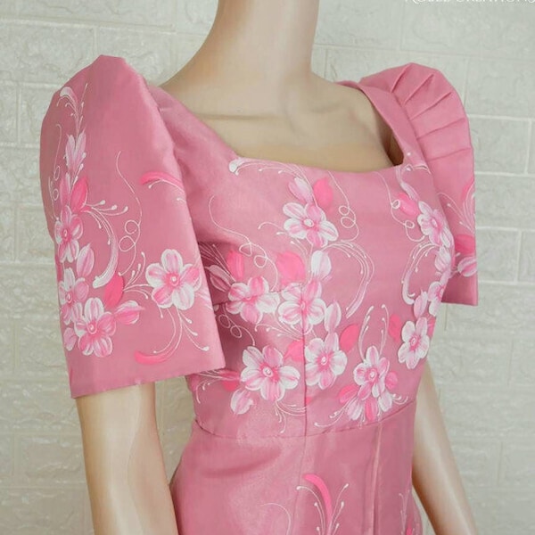 FILIPINIANA "Anne" DRESS Handpainted Mestiza Gown Philippine National Costume Maria Clara Baro at Saya Barong Tagalog - Pink