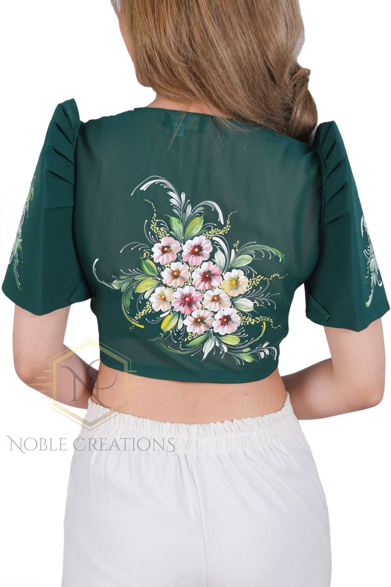 FILIPINIANA CHIFFON BOLERO Hand-painted Philippine National Costume Dark Green image 3