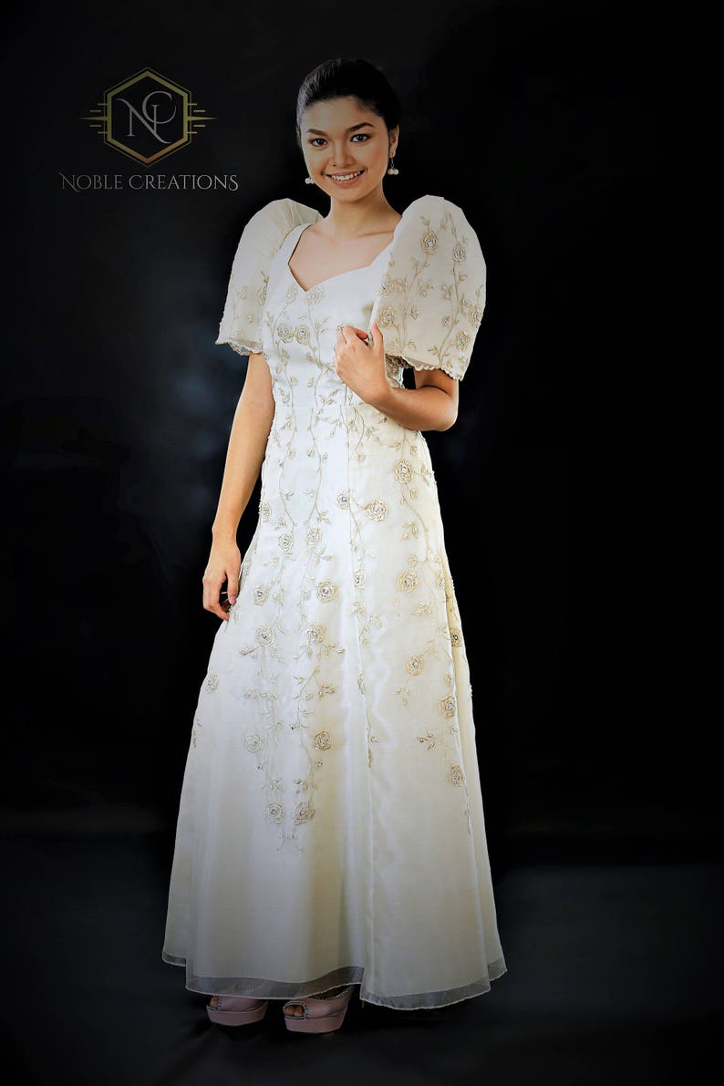 FILIPINIANA DRESS Embroidered Mestiza Gown Filipino Barong Tagalog Pieces Cut Style Beige image 2